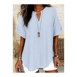 Kadın Kısa Kollu V Hakim Yakalı Uzun Bluz