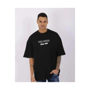 Unisex Bisiklet Yaka Baskılı Oversize T-Shirt - Siyah
