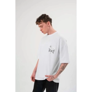 Unisex Bisiklet Yaka Baskılı Oversize T-Shirt - Beyaz