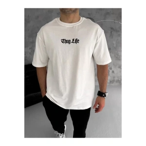 Unisex Bisiklet Yaka Baskılı Oversize T-Shirt - Beyaz