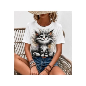 Kadın Kısa Kollu Bisiklet Yaka Kedi Baskılı Süprem Bluz