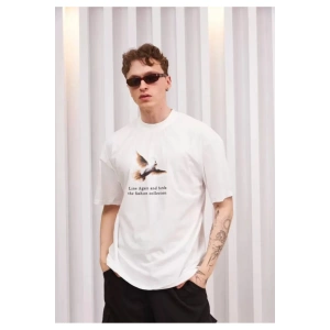 Unisex Bisiklet Yaka Baskılı Oversize T-Shirt - Siyah