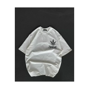 Unisex Bisiklet Yaka Baskılı Oversize T-Shirt - Beyaz