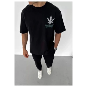 Unisex Bisiklet Yaka Baskılı Oversize T-Shirt - Siyah