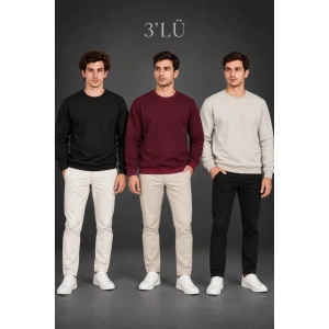 Erkek 3Lü Bisiklet Yaka İçi Şardonlu 2 İplik Düz Uzun Kollu Regular Fit Sweatshirt - Siyah - Bordo -