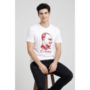 Erkek Atatürk Baskılı Tişört Kısa Kollu Bisiklet Yaka T-Shirt - Beyaz