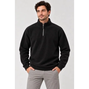 Erkek Polar Dik Yaka Yarım Fermuarlı Uzun Kollu Regular Fit Kışlık Sweatshirt - Siyah