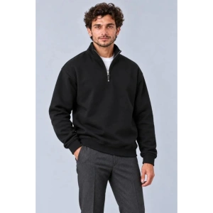 Erkek Üç İplik İçi Şardonlu Dik Yaka Yarım Fermuarlı Kışlık Sweatshirt - Siyah