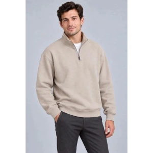 Erkek Üç İplik İçi Şardonlu Dik Yaka Yarım Fermuarlı Kışlık Sweatshirt - Bej