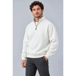 Erkek Üç İplik İçi Şardonlu Dik Yaka Yarım Fermuarlı Kışlık Sweatshirt - Beyaz