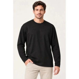 Erkek Modal Yumuşak Dokulu Bisiklet Yaka Uzun Kollu Tişört Sweatshirt - Siyah
