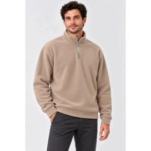 Erkek Polar Dik Yaka Yarım Fermuarlı Uzun Kollu Regular Fit Kışlık Sweatshirt - Bej
