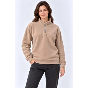 Polar Dik Yaka Yarım Fermuarlı Uzun Kollu Regular Fit Kışlık Sweatshirt - Bej