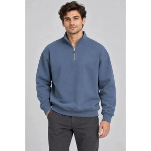 Erkek Üç İplik İçi Şardonlu Dik Yaka Yarım Fermuarlı Kışlık Sweatshirt - Mavi