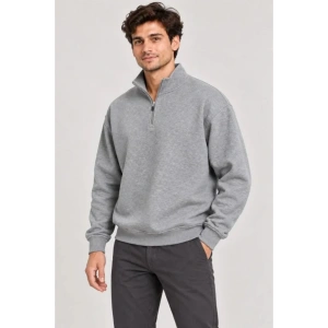 Erkek Üç İplik İçi Şardonlu Dik Yaka Yarım Fermuarlı Kışlık Sweatshirt - Grİ