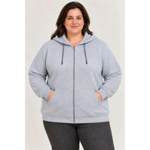 Battal Büyük Beden Üç İplik İçi Şardonlu Kapüşonlu Tam Fermuarlı Kışlık Sweatshirt - Gri