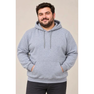 Erkek Battal Büyük Beden Üç İplik İçi Şardonlu Kapüşonlu Kanguru Cepli Kışlık Sweatshirt - Gri