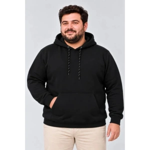 Erkek Battal Büyük Beden Üç İplik İçi Şardonlu Kapüşonlu Kanguru Cepli Kışlık Sweatshirt - Siyah