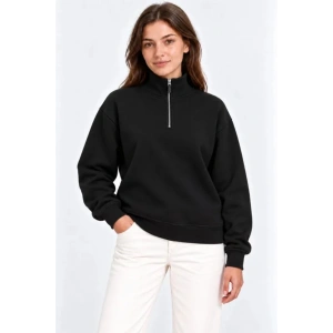 Üç İplik İçi Şardonlu Dik Yaka Yarım Fermuarlı Kışlık Sweatshirt - Siyah
