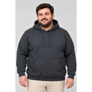 Erkek Battal Büyük Beden Üç İplik İçi Şardonlu Kapüşonlu Kanguru Cepli Kışlık Sweatshirt - Füme