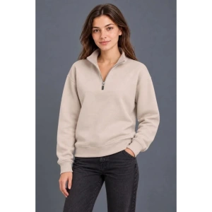 Üç İplik İçi Şardonlu Dik Yaka Yarım Fermuarlı Kışlık Sweatshirt - Bej