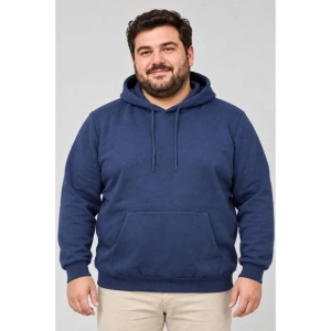 Erkek Battal Büyük Beden Üç İplik İçi Şardonlu Kapüşonlu Kanguru Cepli Kışlık Sweatshirt - Lacivert