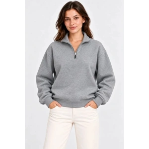 Üç İplik İçi Şardonlu Dik Yaka Yarım Fermuarlı Kışlık Sweatshirt - Grİ
