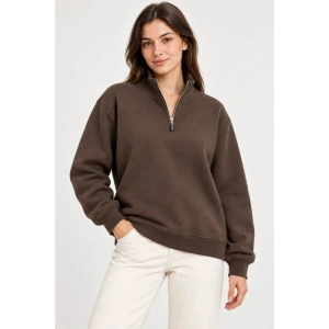 Üç İplik İçi Şardonlu Dik Yaka Yarım Fermuarlı Kışlık Sweatshirt - Kahverengi