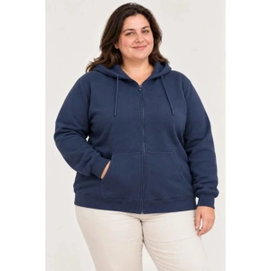 Battal Büyük Beden Üç İplik İçi Şardonlu Kapüşonlu Tam Fermuarlı Kışlık Sweatshirt - Lacivert