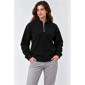 Polar Dik Yaka Yarım Fermuarlı Uzun Kollu Regular Fit Kışlık Sweatshirt - Siyah