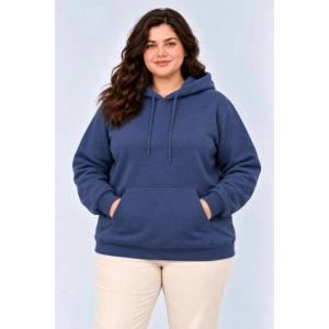 Battal Büyük Beden Üç İplik İçi Şardonlu Kapüşonlu Kanguru Cepli Kışlık Sweatshirt - Lacivert