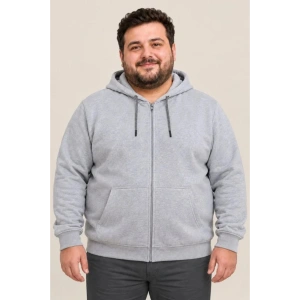 Erkek Battal Büyük Beden Üç İplik İçi Şardonlu Kapüşonlu Tam Fermuarlı Kışlık Sweatshirt - Gri