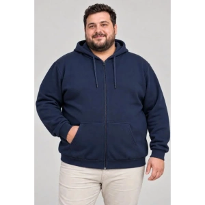 Erkek Battal Büyük Beden Üç İplik İçi Şardonlu Kapüşonlu Tam Fermuarlı Kışlık Sweatshirt - Lacivert