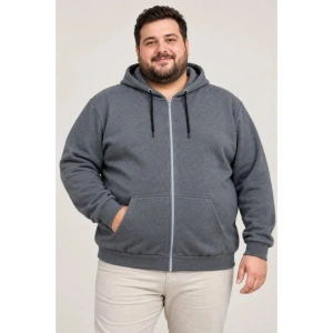 Erkek Battal Büyük Beden Üç İplik İçi Şardonlu Kapüşonlu Tam Fermuarlı Kışlık Sweatshirt - Füme