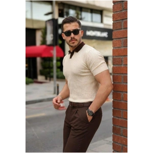 Erkek Yaka Detaylı Desen Dokulu Triko Tişört