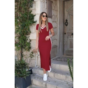 Kadın Kısa Kollu V Yakalı Yandan şerit Ve Yırtmaçlı Viskon Uzun Elbise