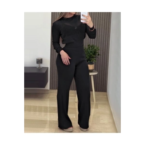 Kadın Uzun Kollu Yuvarlak Yaka Transparan Detaylı Triko Bluz Ve Pantolon Ikili Takım
