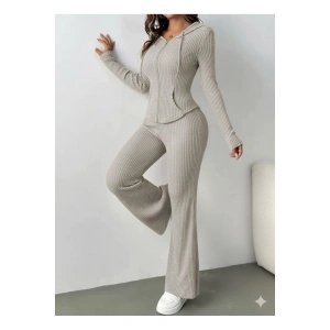 Kadın Uzun Kollu Kapşonlu önden Fermuarlı Kaşkorse Bluz Ve Pantolon Ikili Takım