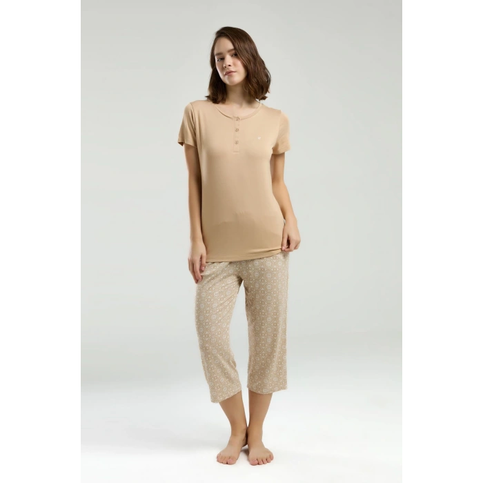 KADIN KISA KOLLU KAPRİ PENYE PİJAMA TAKIMI - BEJ