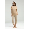 KADIN KISA KOLLU KAPRİ PENYE PİJAMA TAKIMI - BEJ