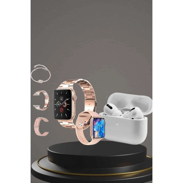 3 Kordonlu Pembe Amoled Ekran Akıllı Saat Ve Yeni Nesil Pro Kablosuz Bluetooth Kulaklık Anc/enc