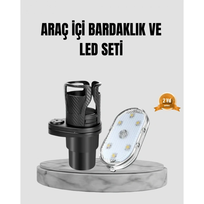 360° Döner Çiftli Bardak Tutucu Ve Kablosuz Ambiyans Led Işık Araç Seti