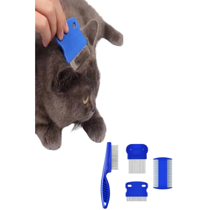 4lü Bit Pire Tarağı Set Kedi Köpek Evcil Hayvan Tüy Toplayıcı Mavi
