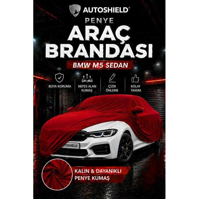BMW M5 Sedan Penye Araç Brandası Kumaş Garaj Brandası Oto Koruma Örtüsü Kırmızı