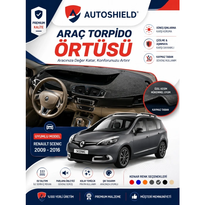 Renault Scenic 3 Torpido Örtüsü (2009-2016) Tam Uyumlu | Ön Göğüs Koruma Önleyici Gri