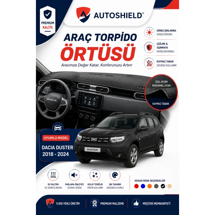 Dacia Duster Torpido Örtüsü (2018-204) Tam Uyumlu | Ön Göğüs Koruma Önleyici Siyah