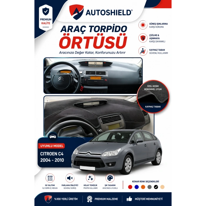 Citroen C4 (2004-2009) Torpido Örtüsü Tam Uyumlu | Ön Göğüs Koruma Önleyici Gri