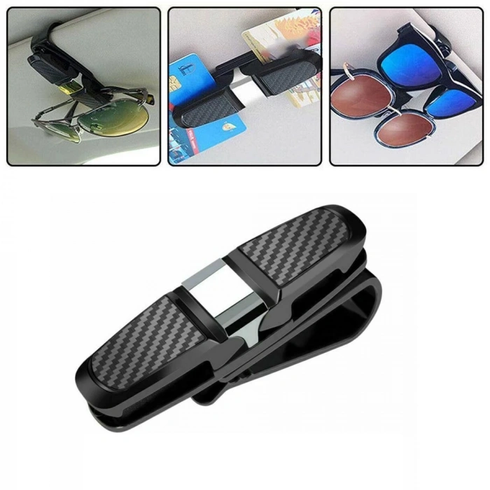 Araç İçi Gözlük Kart Tutacağı 2 Klipsli 180° Döner Karbon Desenli