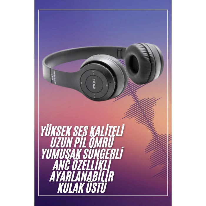Bluetooth Kablosuz Kulaklık Siyah Wireless 5.0 Kulak Üstü Uzun Pil Ömrü