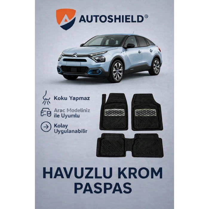 Citroen e-C4 Serisi Tüm Modeller İle Uyumlu Universal Derin Havuzlu Paspas Krom Karbon